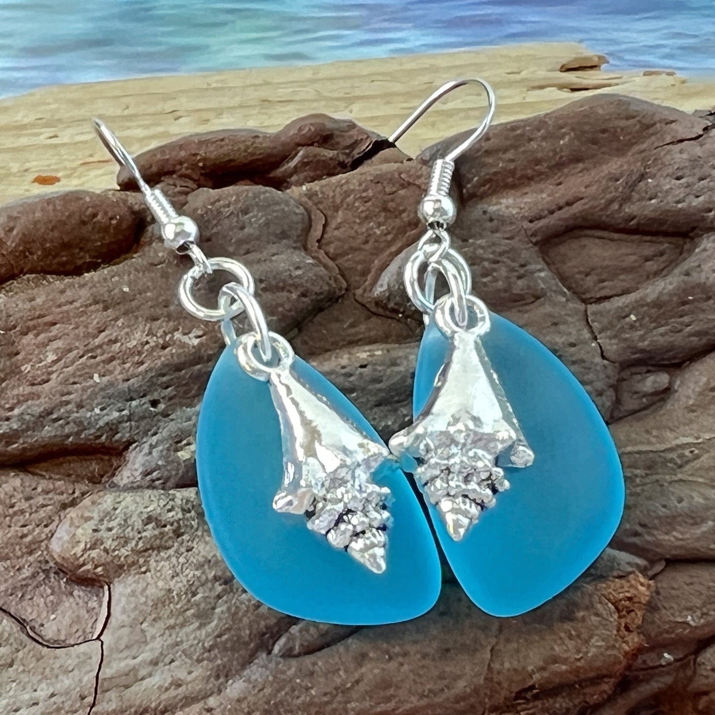 Sea Glass Shell Earrings – Matte Lavender or Ocean Blue, Eco-Friendly Coastal Beach Jewelry