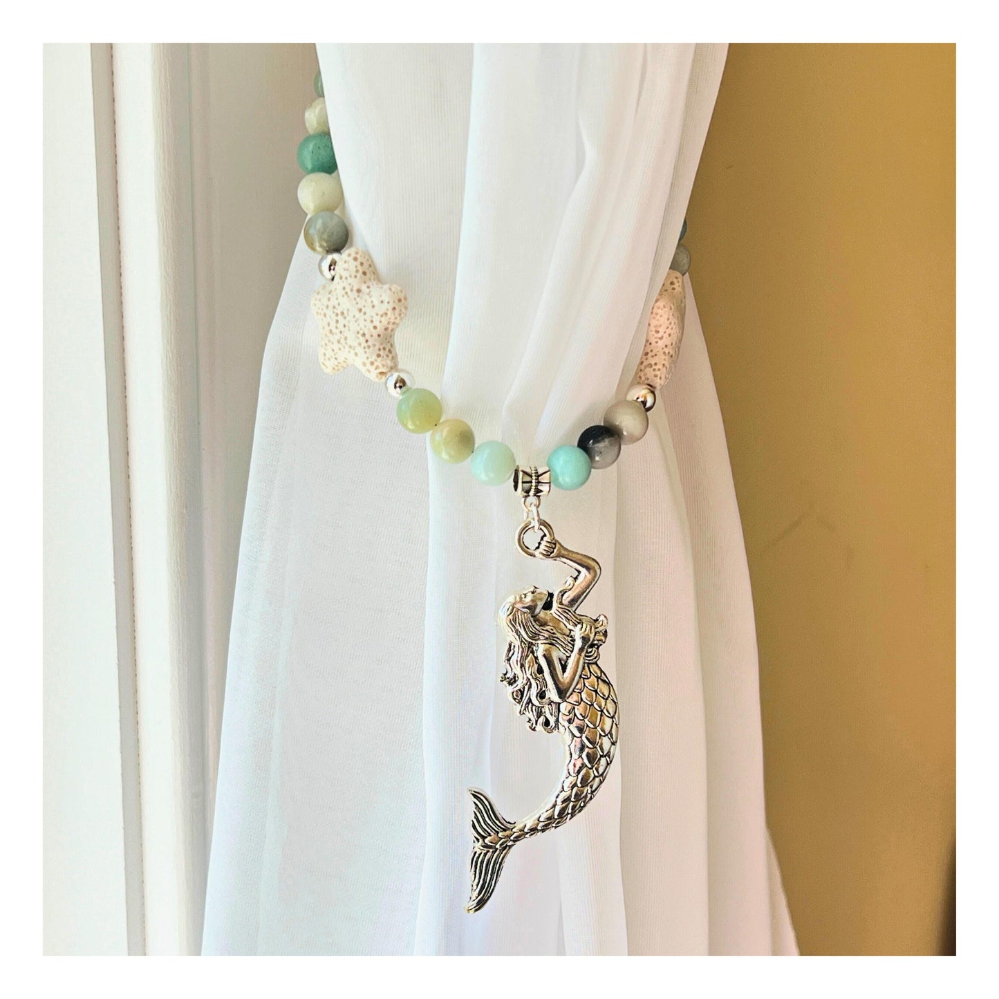 Mermaid Curtain Tiebacks – Amazonite Stone & Lava Bead Aromatherapy Diffuser, Coastal Set of 2