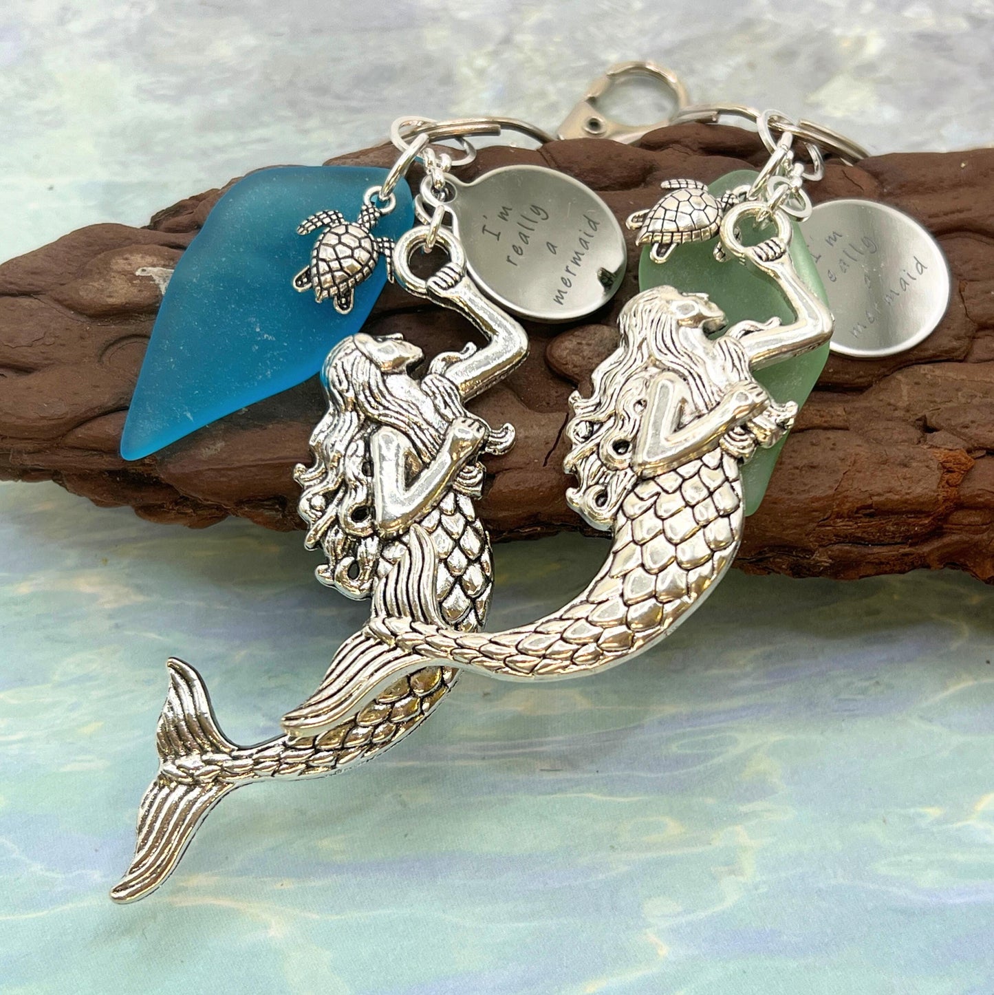 Mermaid Keychain – Sea Glass Charm in Blue or Green, Beach Gift for Women (Keychain or Car Charm)