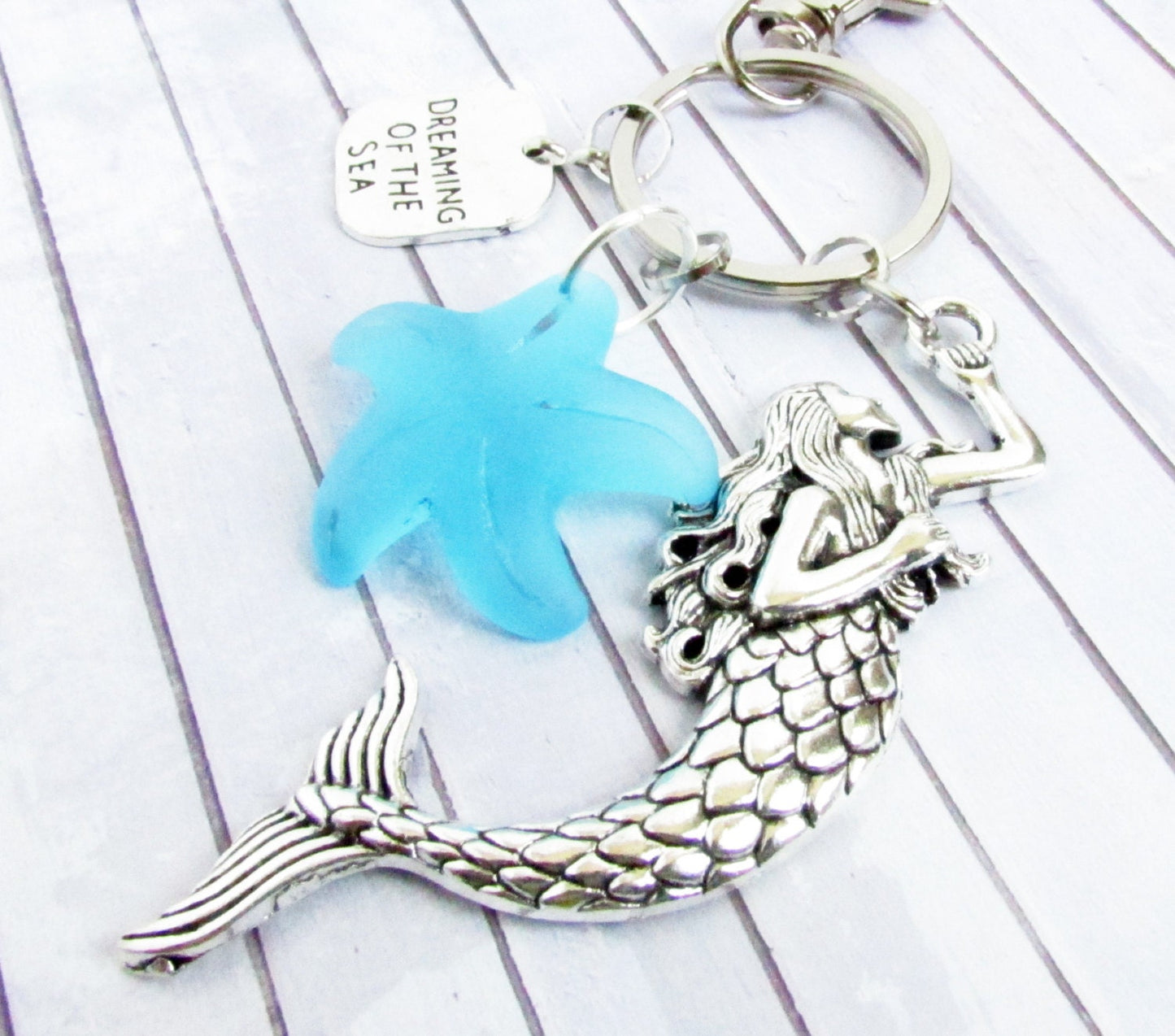 Mermaid Keychain – Sea Glass & Starfish Coastal Keyring, Handmade Beach Gift (Keychain or Car Charm)