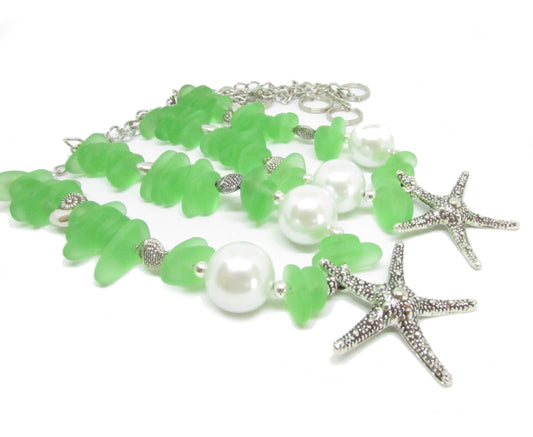 Handmade starfish curtain tiebacks with green sea glass beads and shell accents, beach cottage decor set of 2