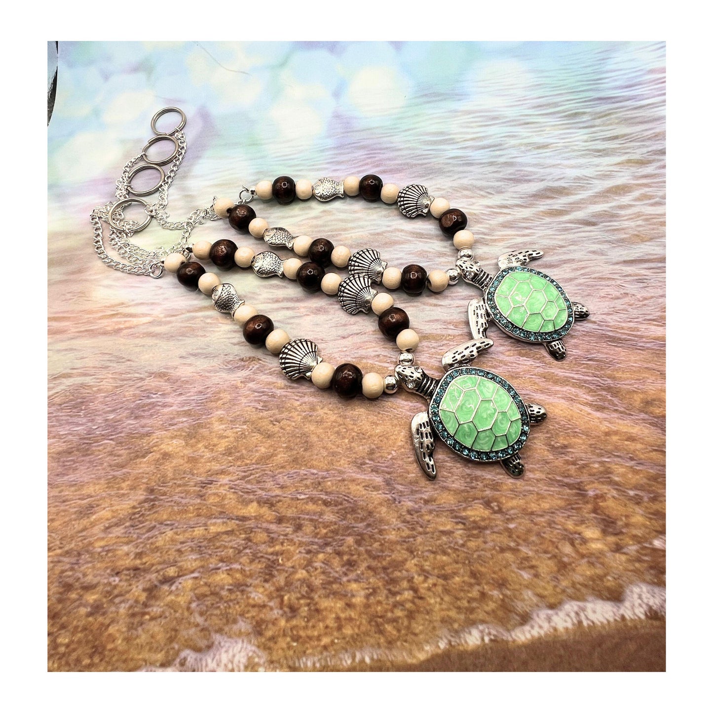 Sea Turtle Curtain Tiebacks – Wood Bead & Shell Coastal Beach Home Decor, Handmade Set of 2