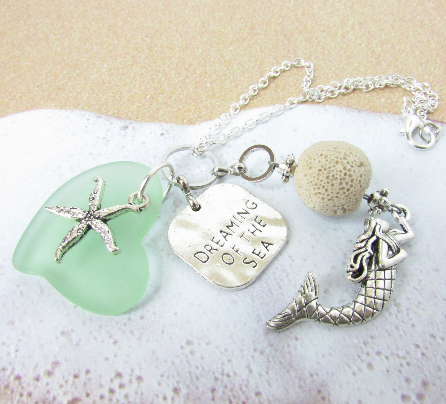 Mermaid Car Charm – Sea Glass Heart & Lava Bead Rear View Mirror Diffuser, Coastal Beach Gift