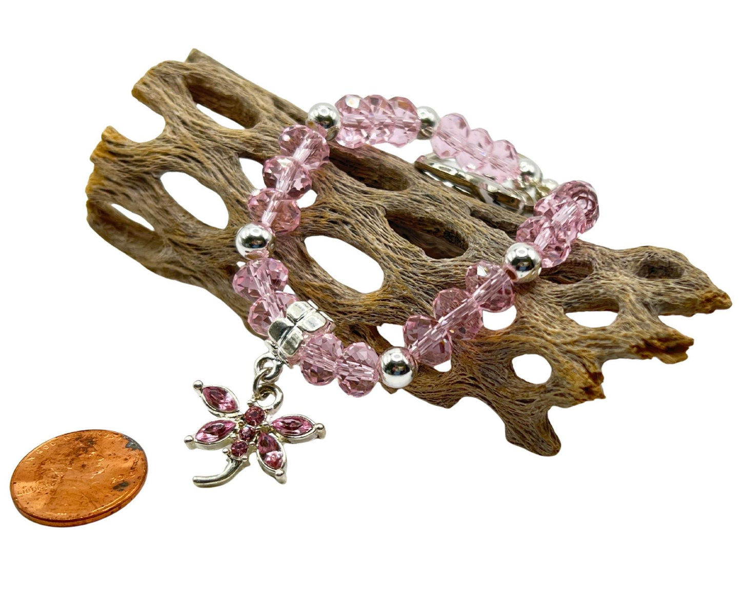 Pink Crystal Dragonfly Keychain Bracelet – Wrist Lanyard, Handmade Gift for Her