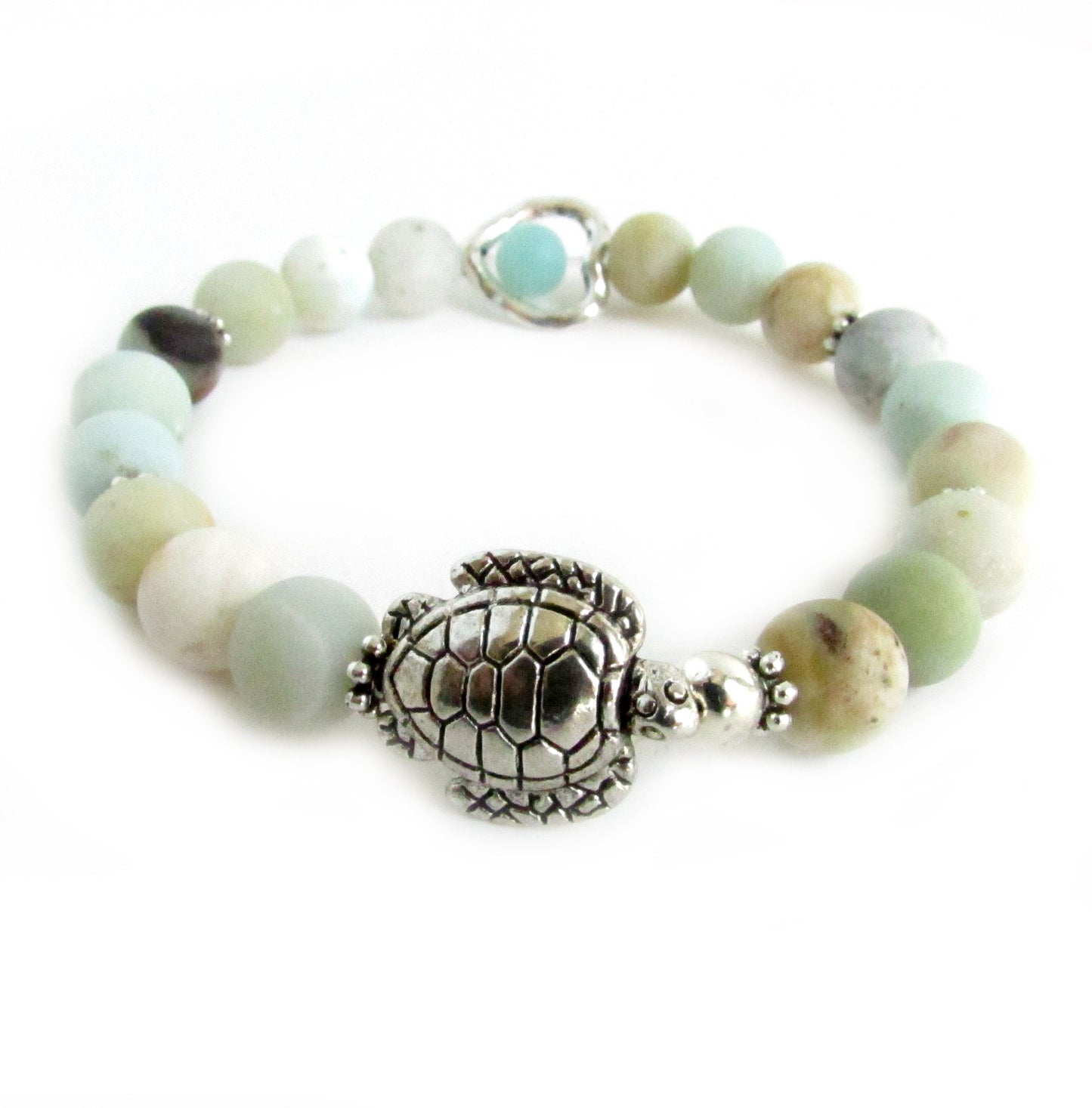 Sea Turtle Charm Bracelet – Amazonite Stone & Heart Bead, Handmade Coastal Jewelry Gift