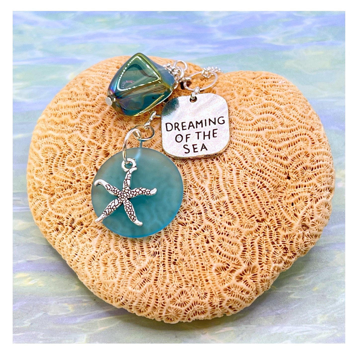 Starfish Car Charm – Sea Glass Rear View Mirror Ornament with Beach Quote