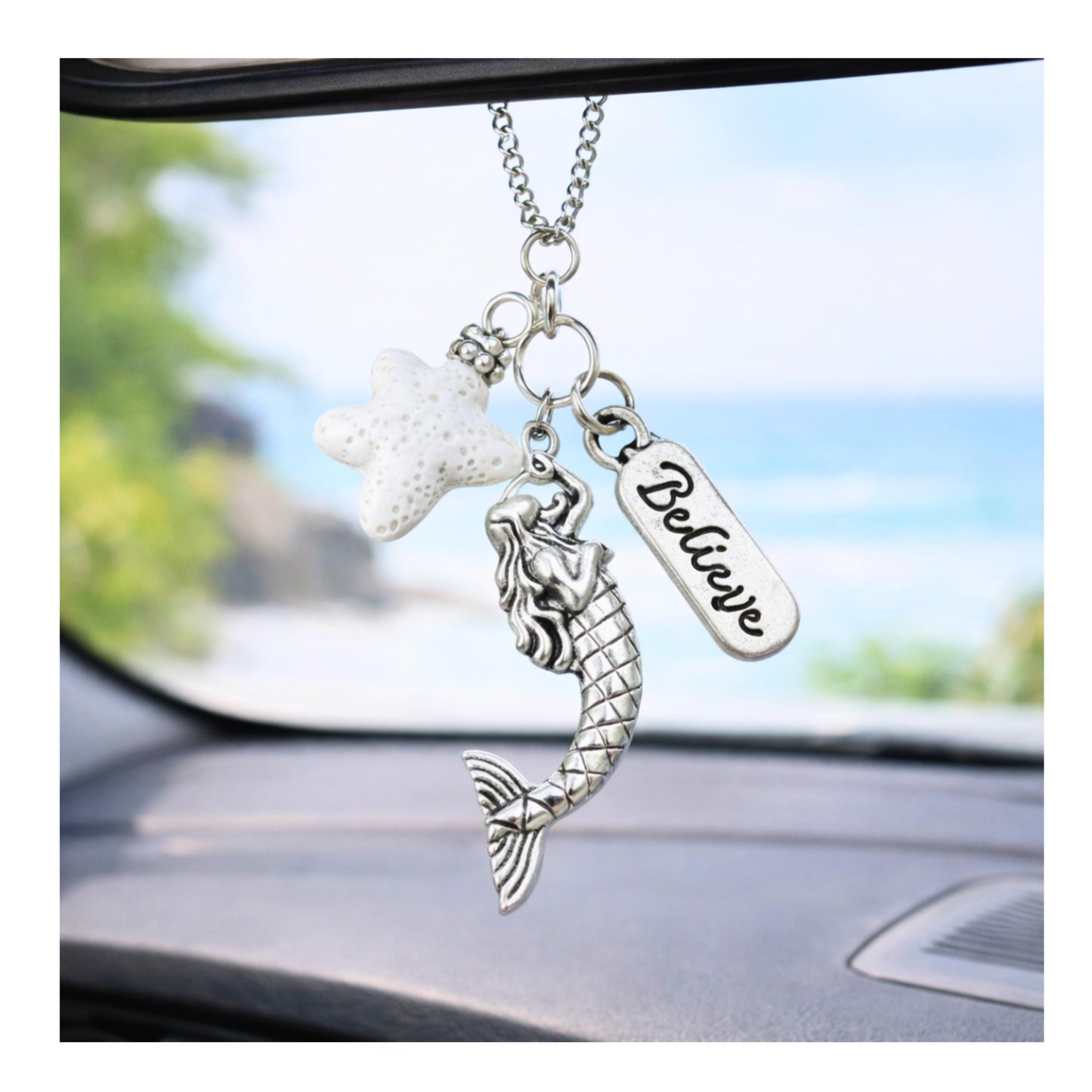 Mermaid Car Charm – Rear View Mirror Lava Bead Aromatherapy Diffuser, Coastal Beach Gift
