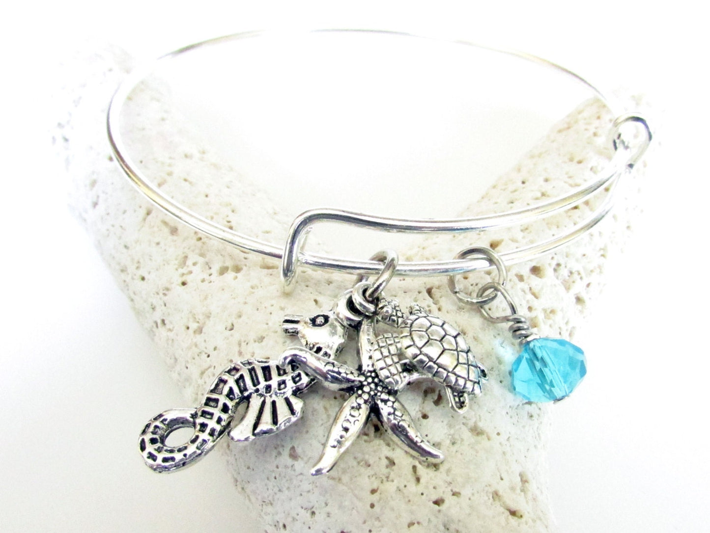 Sea Turtle Bangle Bracelet – Starfish & Seahorse Charms, Handmade Ocean Beach Jewelry Gift