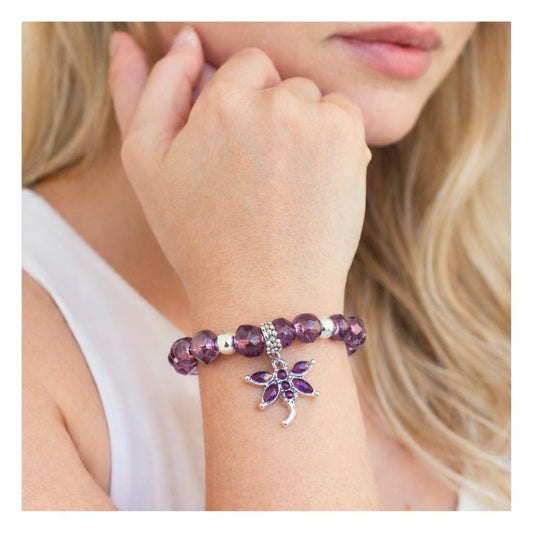 Purple dragonfly crystal beaded keychain bracelet shown as a wrist lanyard — handmade boho accessory