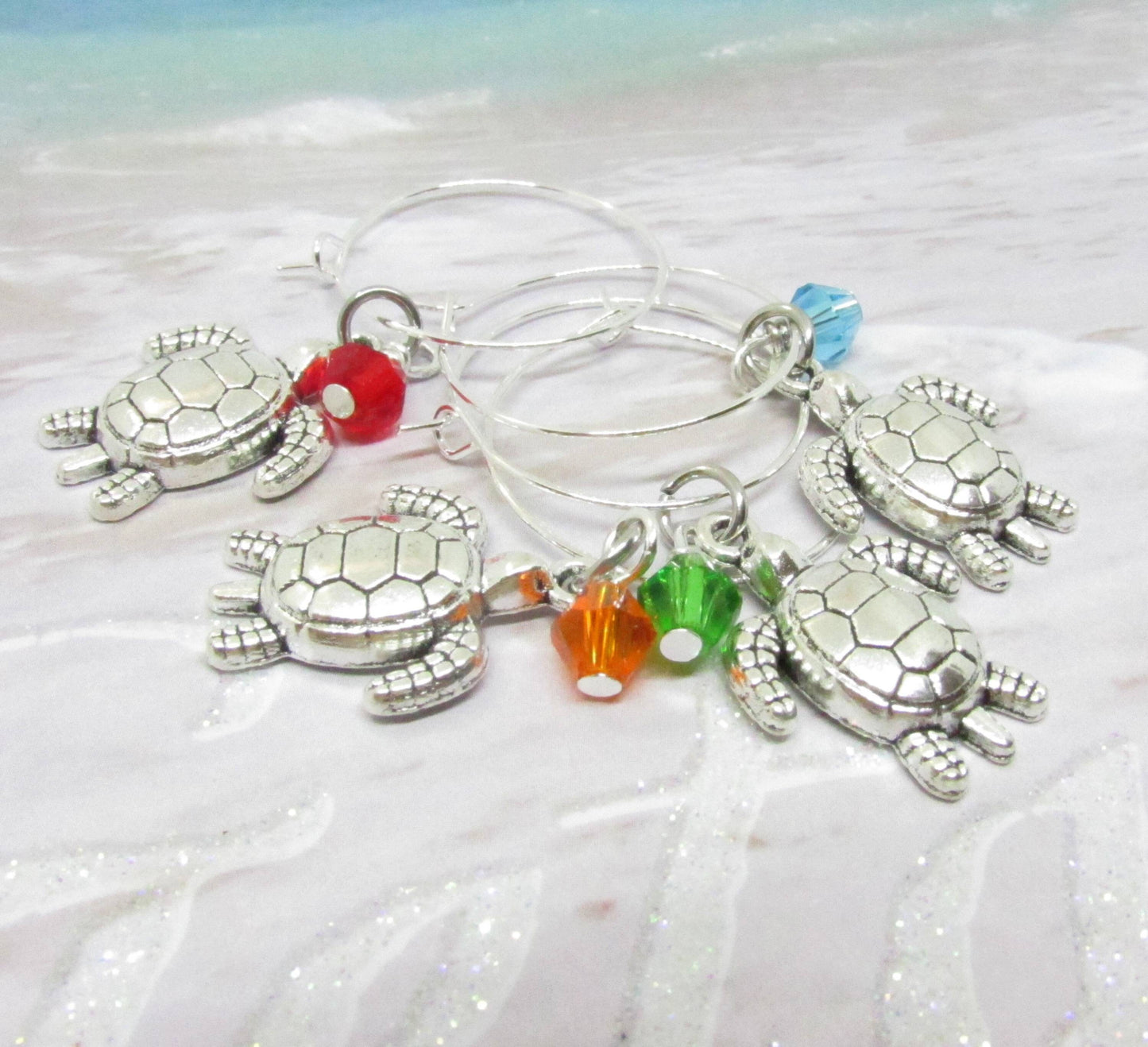 Sea Turtle Wine Glass Charms – Beach Lover Hostess Gift, Set of 4
