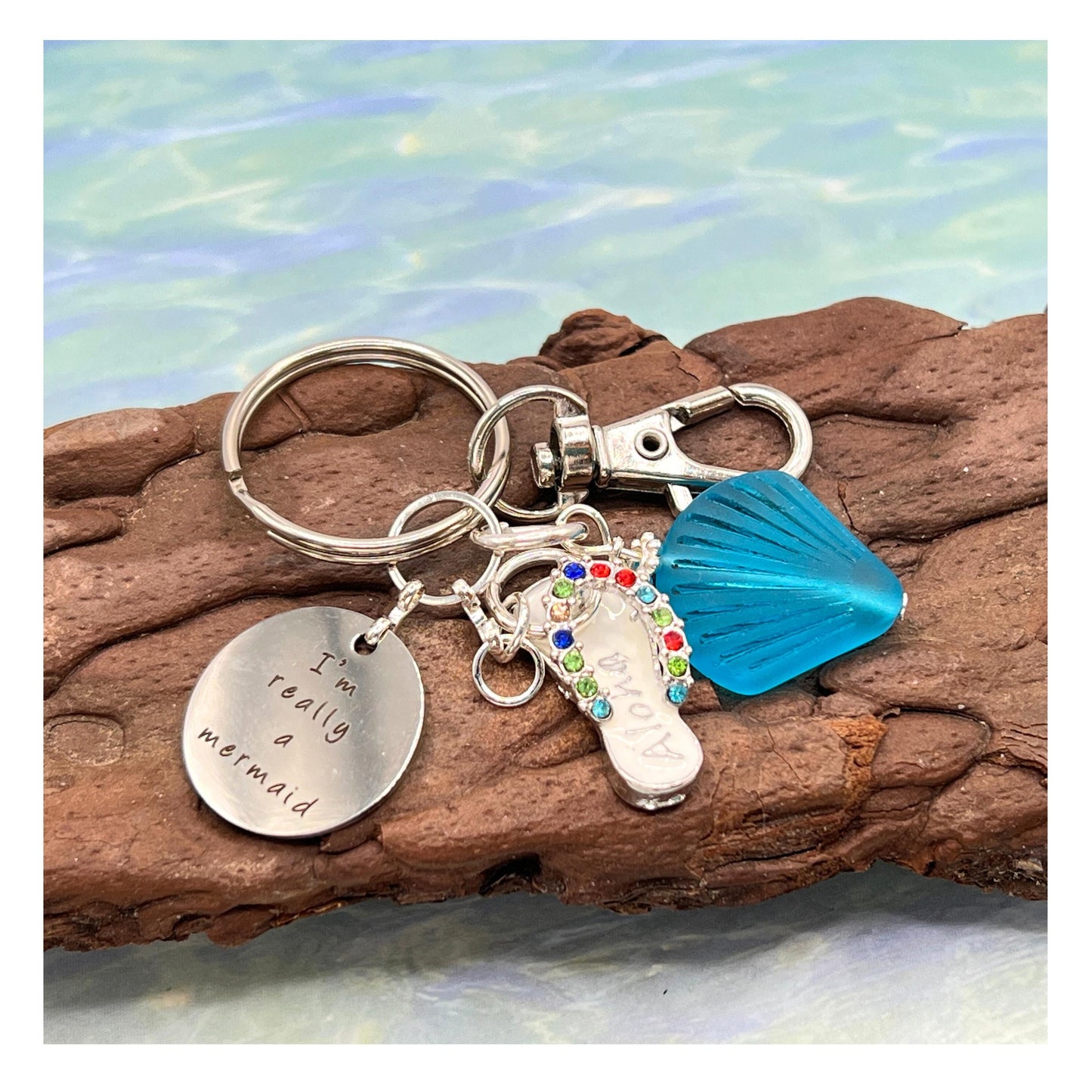Sea Glass Keychain – Flip Flop & Beach Quote Charm, Coastal Gift for Her (Keychain or Car Charm)