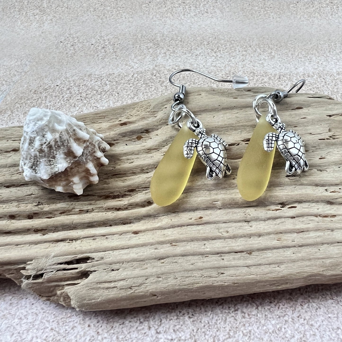Sea Glass Turtle Dangle Earrings – Beach Wedding Jewelry in Yellow or Blue, Coastal Gift