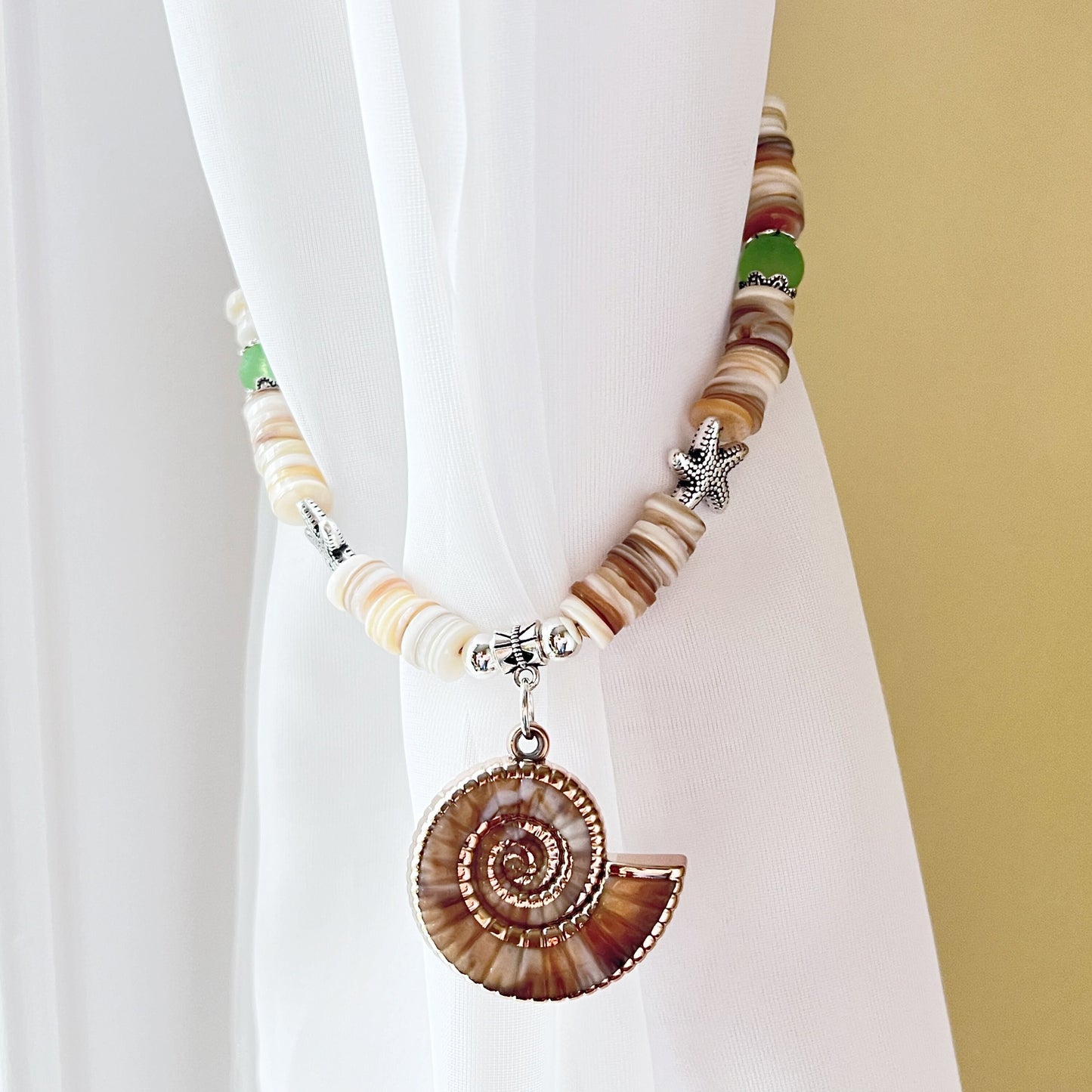 Seashell Curtain Tiebacks – Conch Shell & Coconut Bead Handmade Coastal Decor, Set of 2