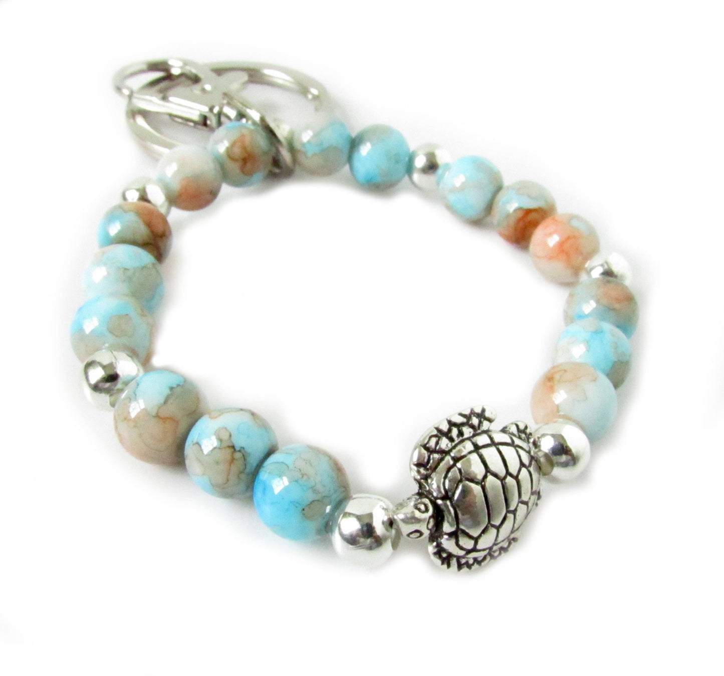 Sea Turtle Keychain Bracelet – Mottled Glass Beads & Silver Charm, Coastal Wristlet Gift