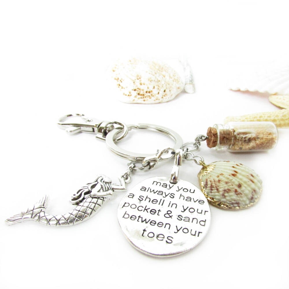 Handmade seashell keychain with real sand bottle, mermaid charm and beach quote, coastal gift under 20