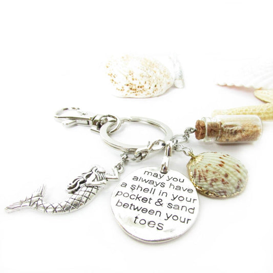 Handmade seashell keychain with real sand bottle, mermaid charm and beach quote, coastal gift under 20