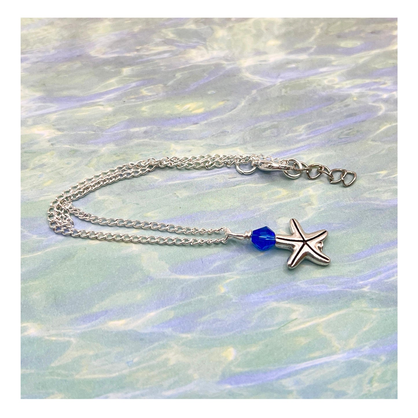 Starfish Anklet: Dainty Silver Chain with Blue Crystal Charm