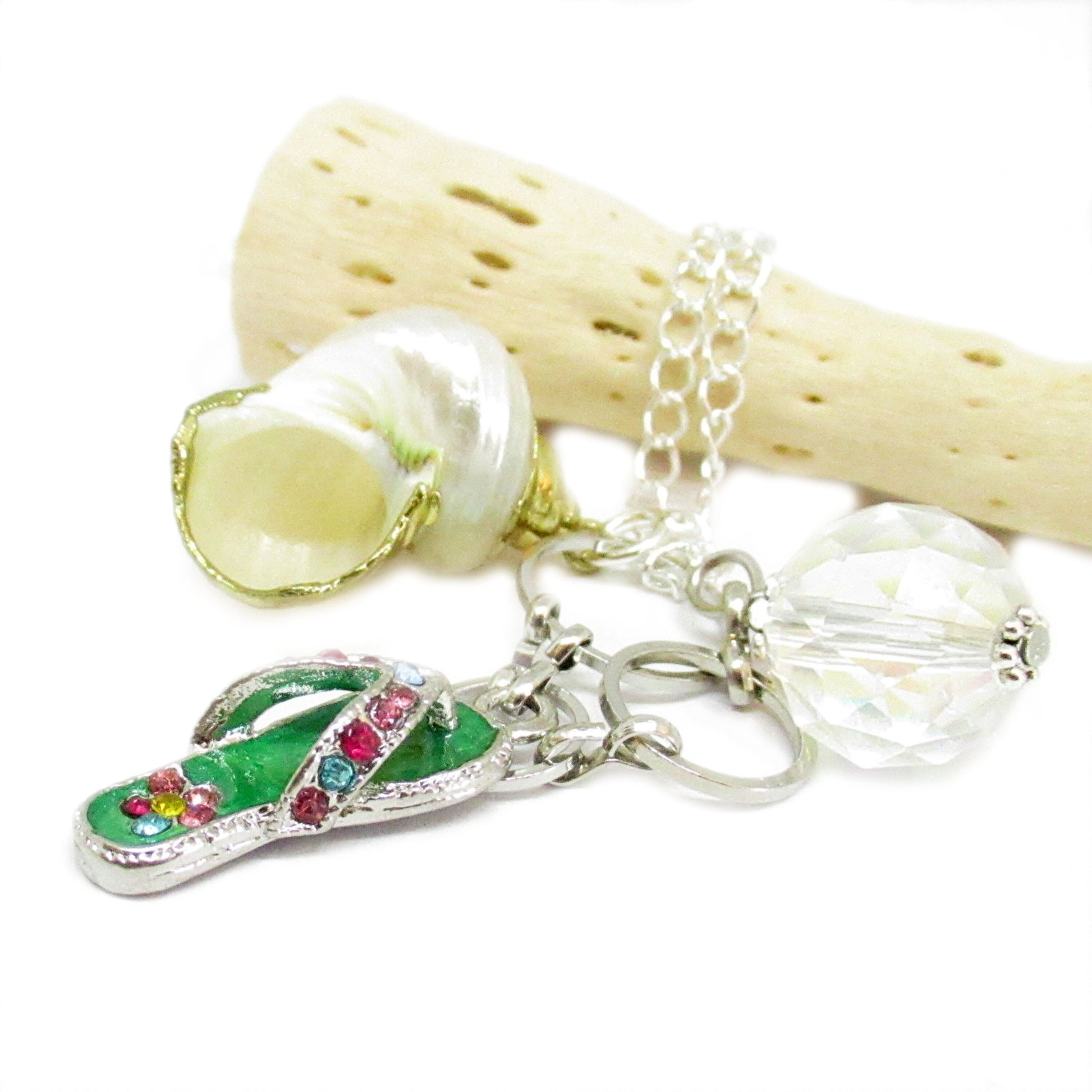 Natural gold-trimmed seashell and flip flop crystal car charm, coastal rearview mirror dangle gift for new drivers