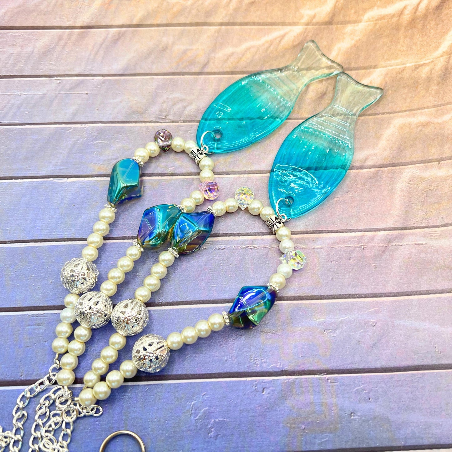 Fish Curtain Tiebacks – Pearl Bead & Glass Fish Pendant Coastal Home Decor, Handmade Set of 2