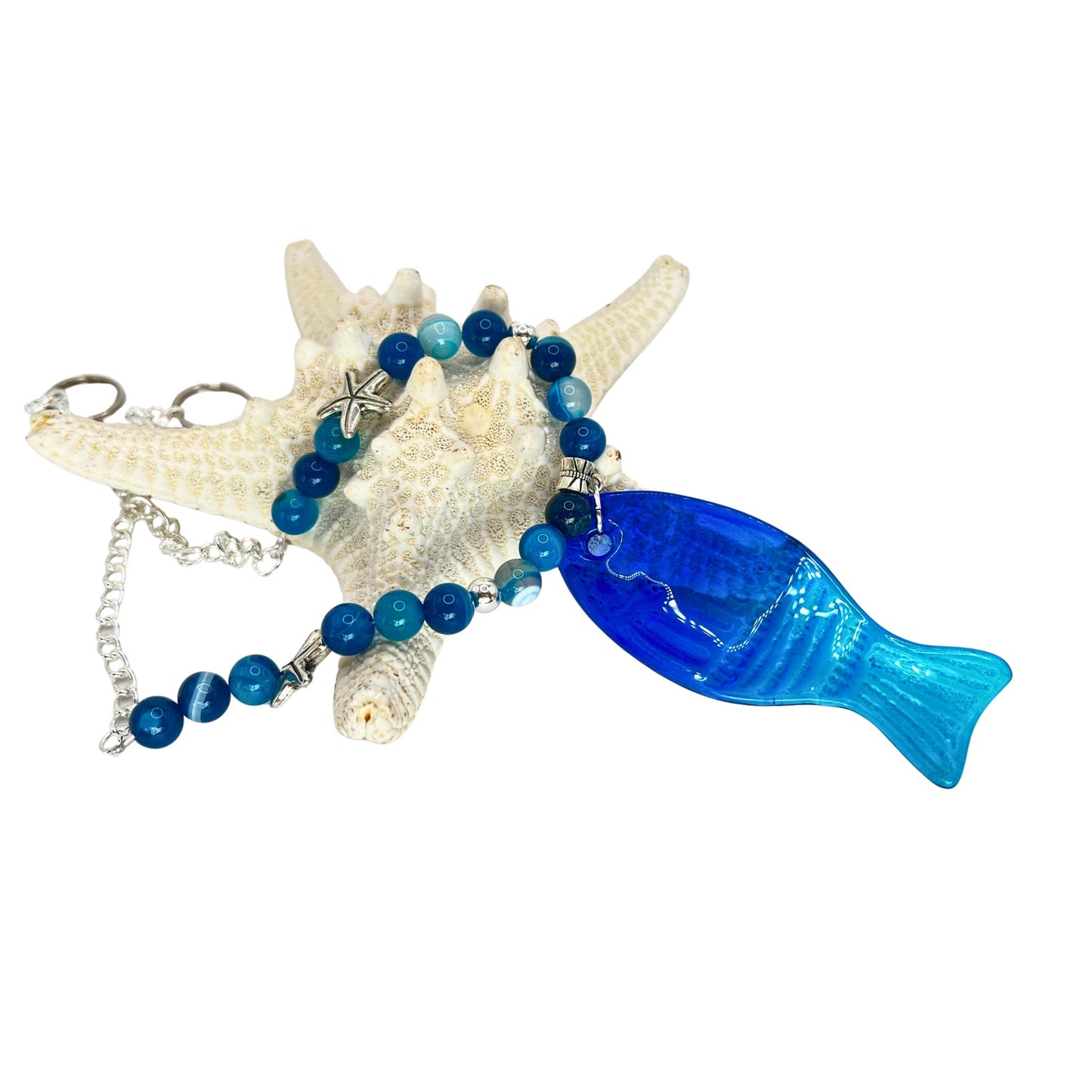 Blue Glass Fish Curtain Tiebacks – Ombre Beaded Nautical Beach Home Decor, Handmade Set of 2