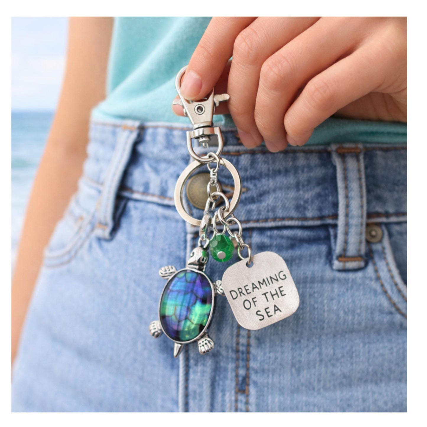 Sea Turtle Keychain – Rhinestone Turtle Charm, Beach Quote Purse Charm Gift