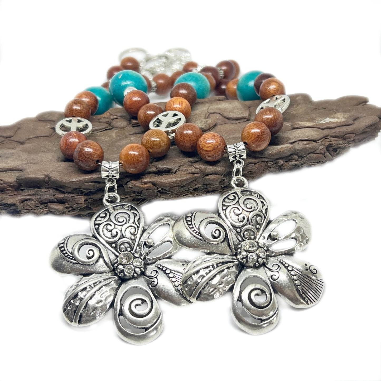 Boho Flower Curtain Tiebacks – Wood Beads & Turquoise, Retro Bohemian Home Decor Set of 2