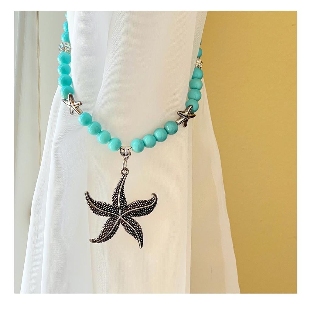 Starfish Curtain Tiebacks – Sea Green Beaded Coastal Shabby Chic Decor, Set of 2