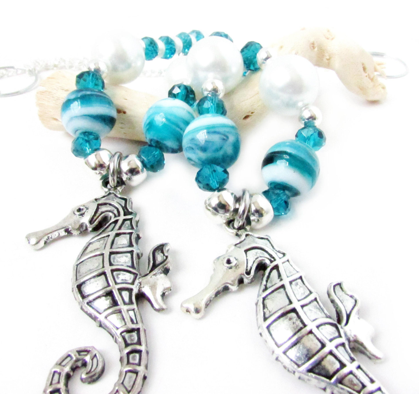 Seahorse Curtain Tiebacks – Teal Crystal Beaded Beach Cottage Chic Decor, Set of 2
