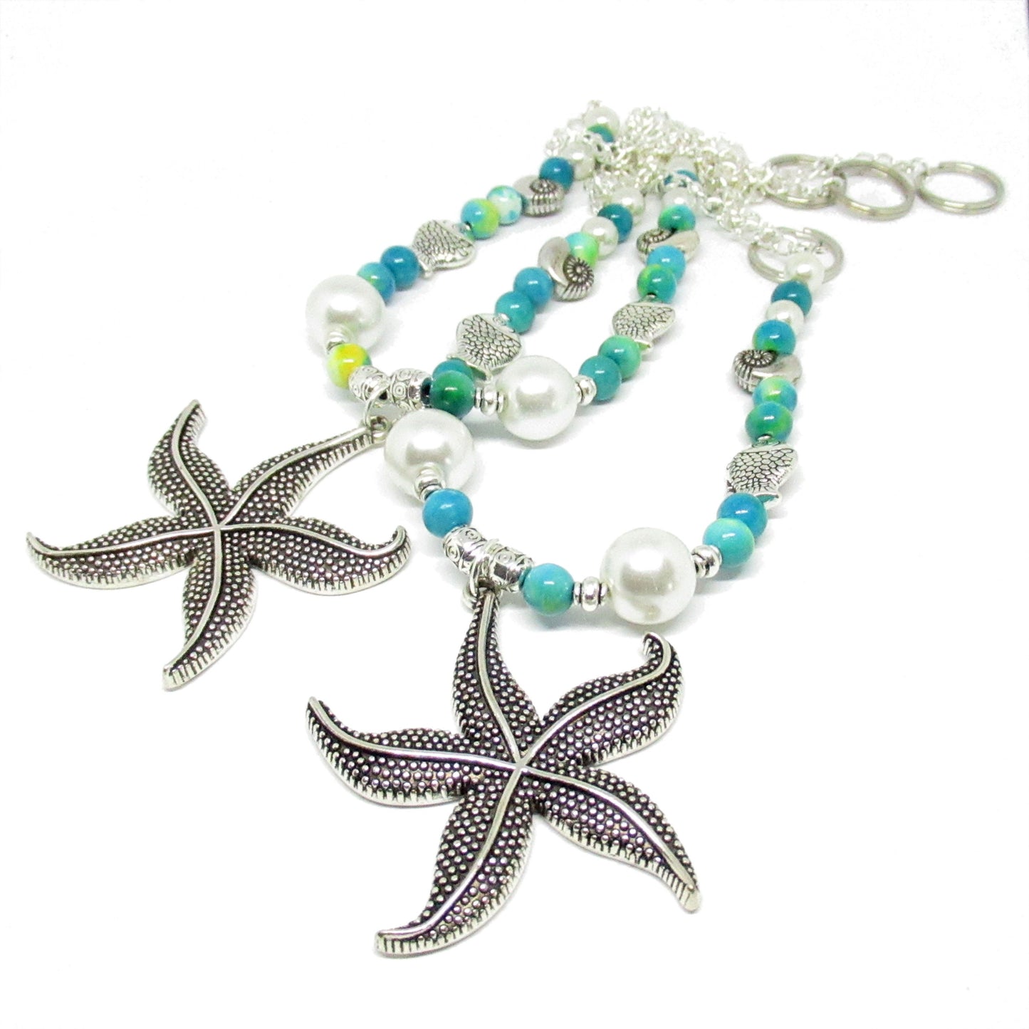 Starfish Curtain Tiebacks – Sea Blue & Green Beaded Nautical Beach Decor, Set of 2