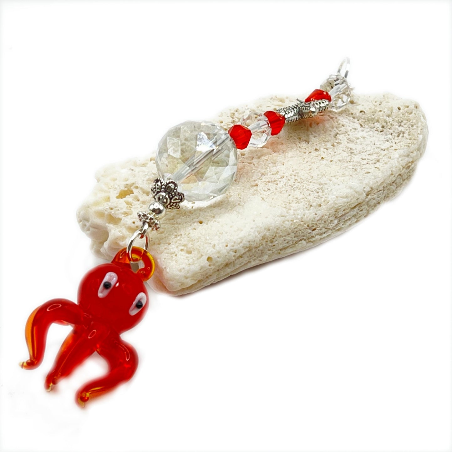 Octopus Car Charm – Red Glass Rear View Mirror Sun Catcher, Handmade Ocean Beach Gift
