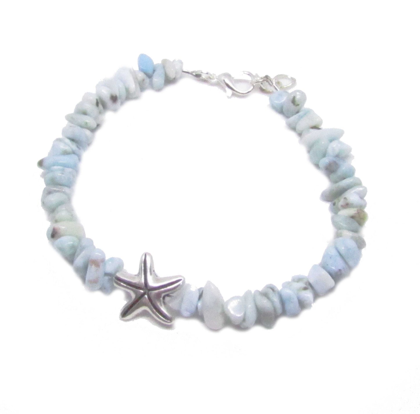 Larimar Chip Bracelet with Starfish – Healing Coastal Chakra Jewelry, Spiritual Beach Gift