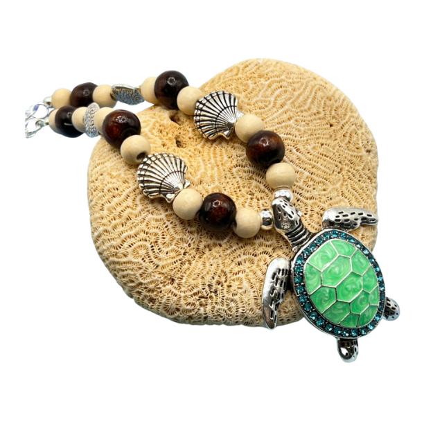 Sea Turtle Curtain Tiebacks – Wood Bead & Shell Coastal Beach Home Decor, Handmade Set of 2