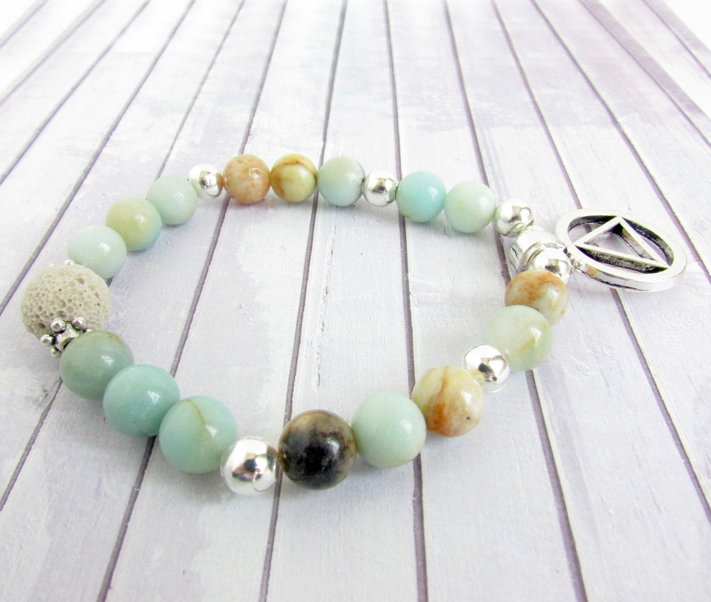Sobriety Support Bracelet – Natural Amazonite & Lava Bead AA Jewelry, Recovery Gift (AA Symbol or Let Go Let God)