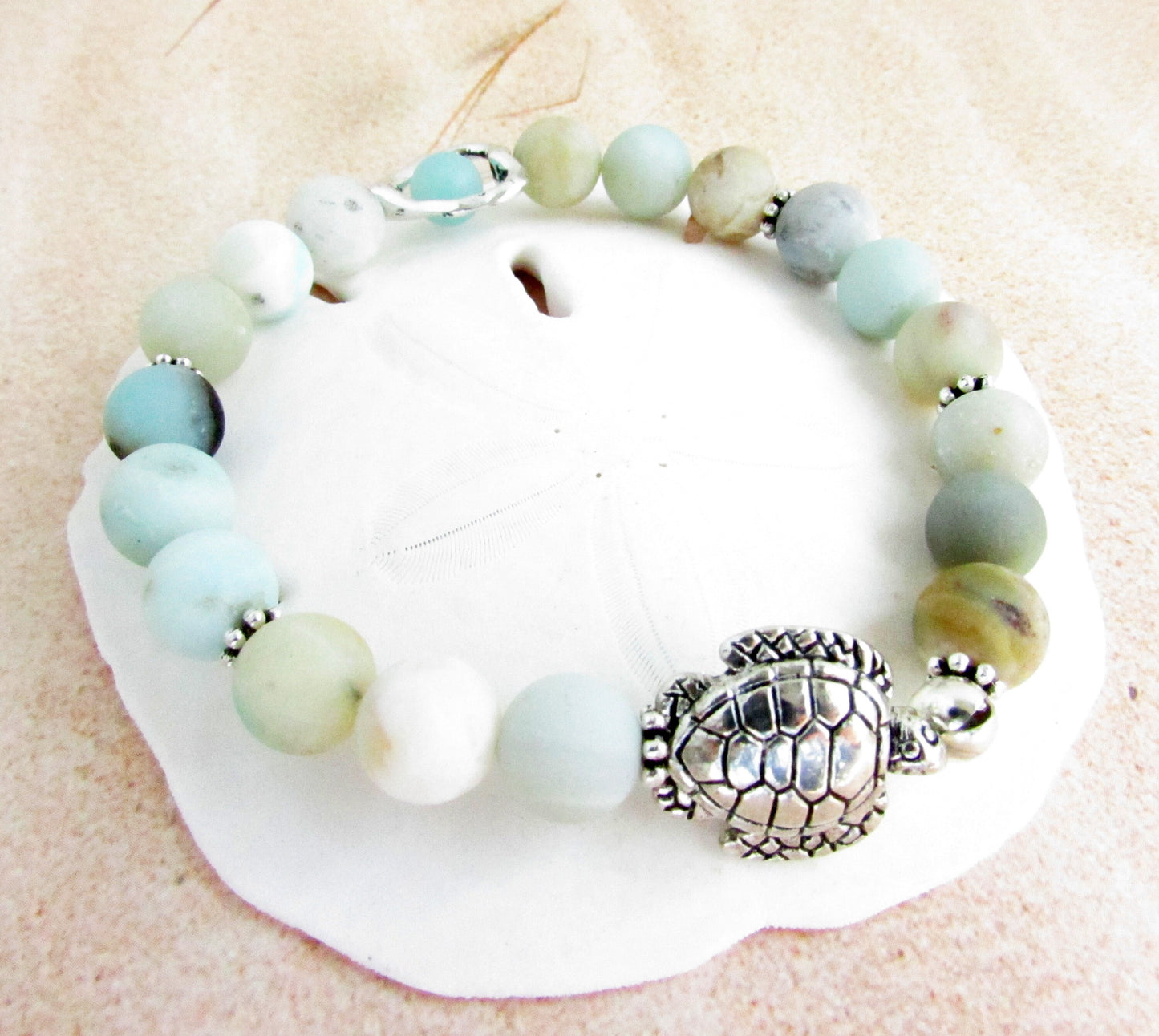 Sea Turtle Charm Bracelet – Amazonite Stone & Heart Bead, Handmade Coastal Jewelry Gift