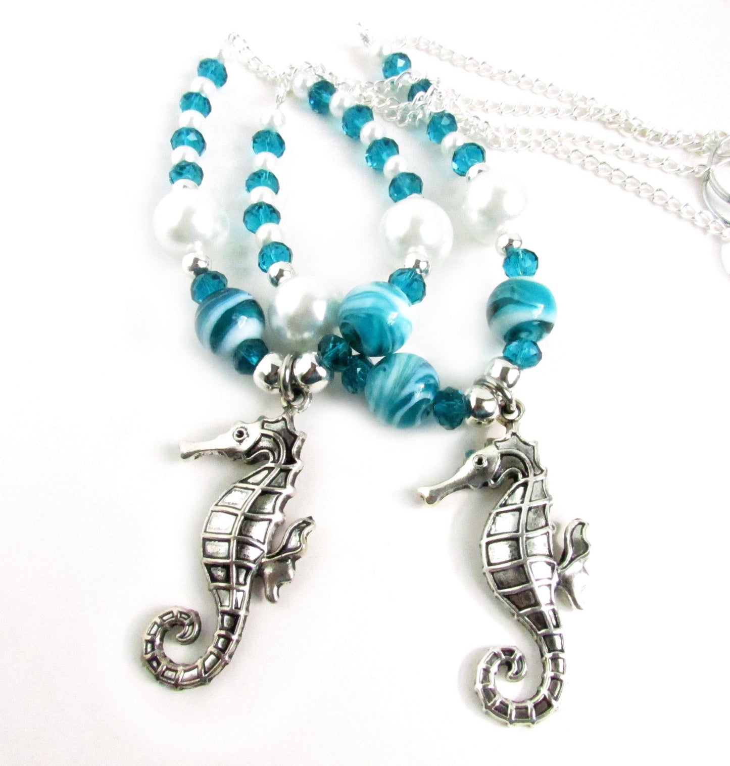 Seahorse Curtain Tiebacks – Teal Crystal Beaded Beach Cottage Chic Decor, Set of 2