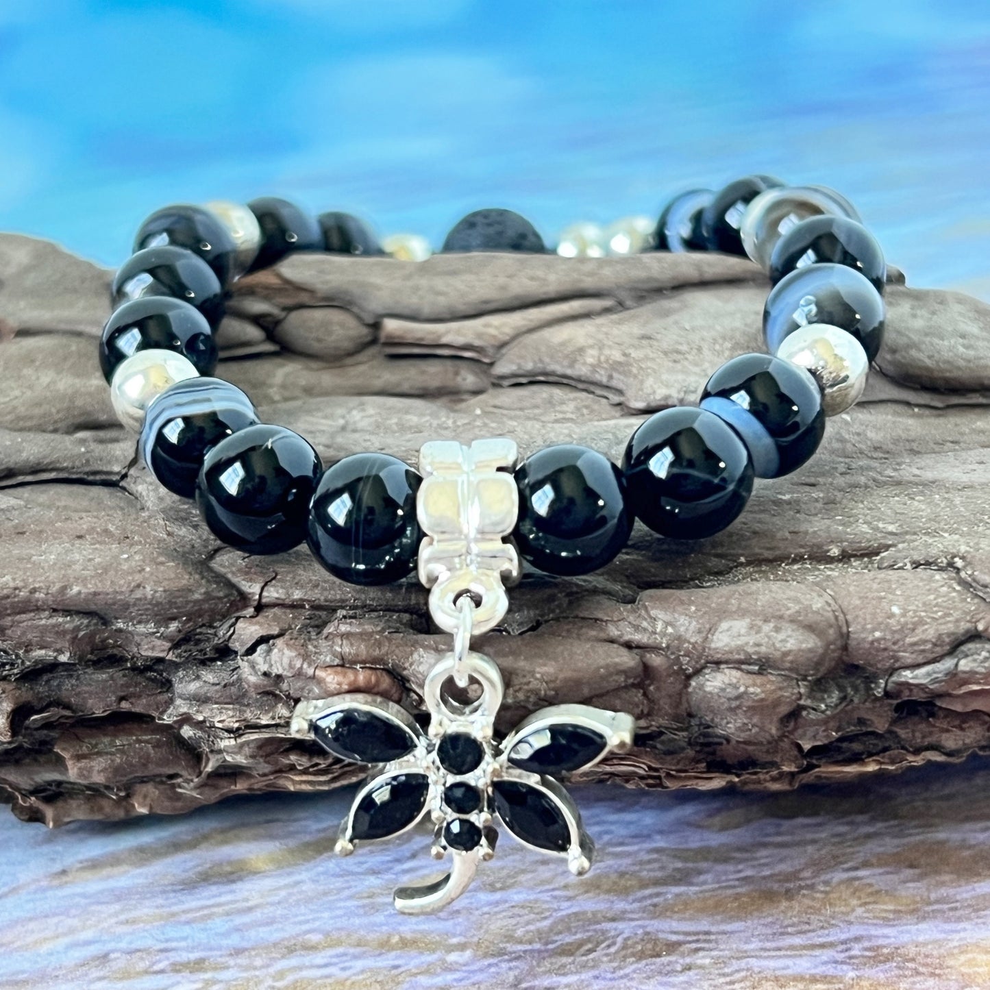 Dragonfly Charm Bracelet – Botswana Agate & Lava Stone Aromatherapy, Handmade Boho Jewelry