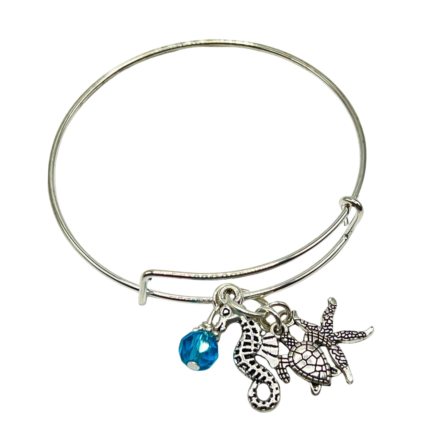 Sea Turtle Bangle Bracelet – Starfish & Seahorse Charms, Handmade Ocean Beach Jewelry Gift