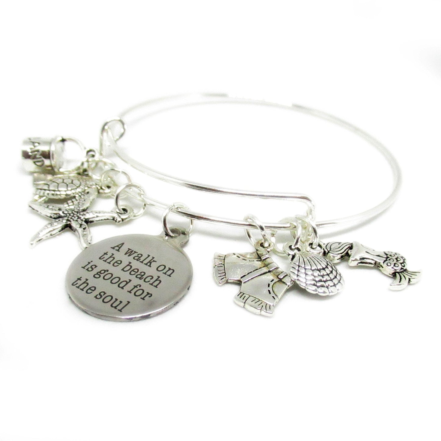 Beach Charm Bangle Bracelet – Sea Turtle, Mermaid & Starfish Ocean Jewelry, Coastal Gift
