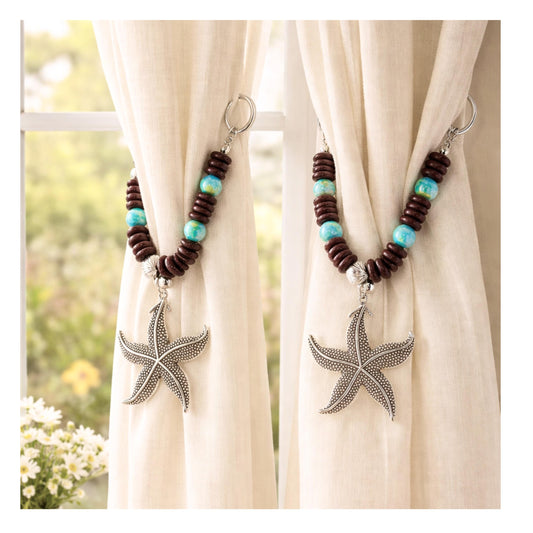 Starfish curtain tiebacks shown styled on sheer curtains — handmade nautical beach home decor