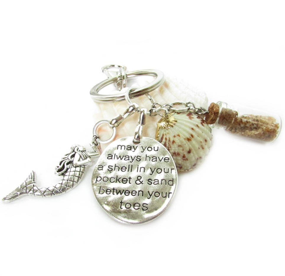 Seashell Keychain – Mermaid Charm, Beach Sand Bottle & Quote (Keychain or Car Charm)