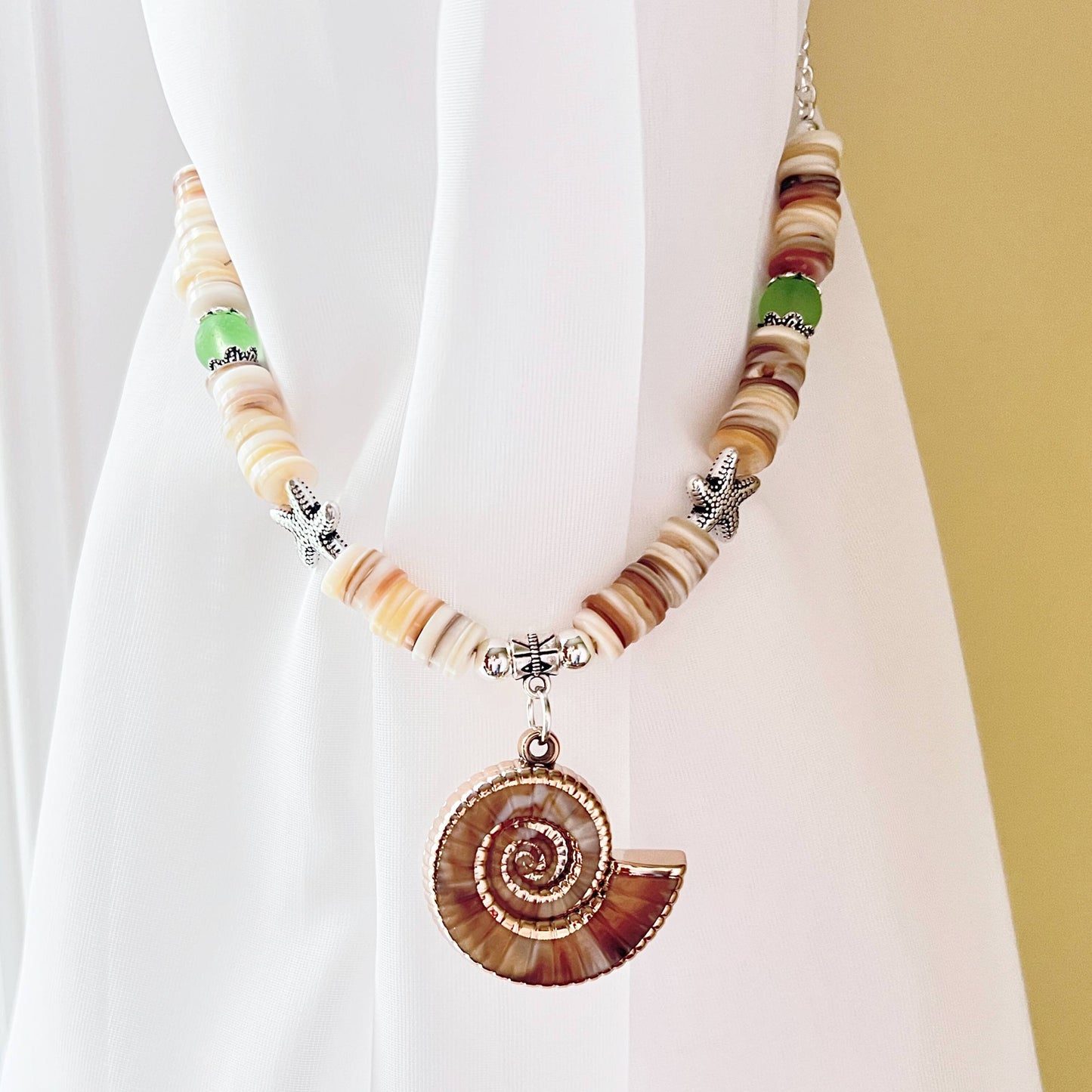 Seashell Curtain Tiebacks – Conch Shell & Coconut Bead Handmade Coastal Decor, Set of 2