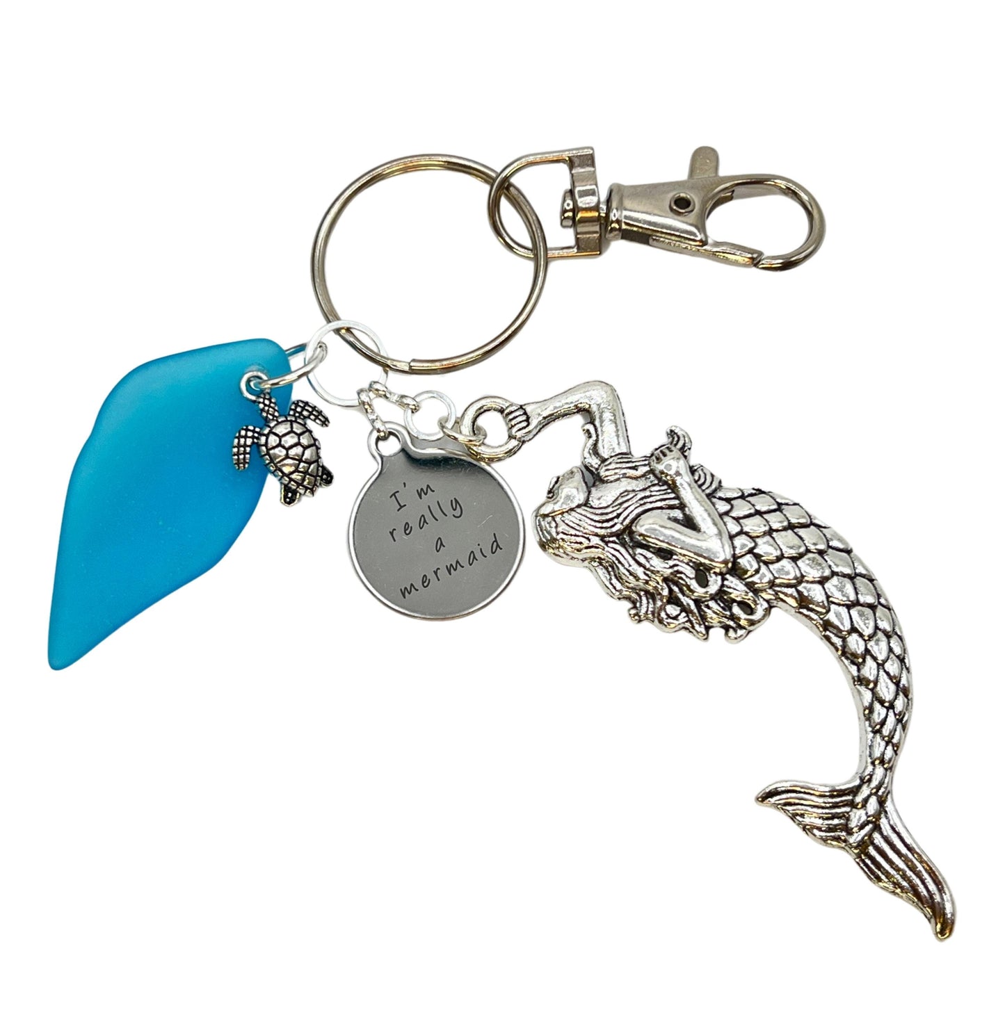 Mermaid Keychain – Sea Glass Charm in Blue or Green, Beach Gift for Women (Keychain or Car Charm)