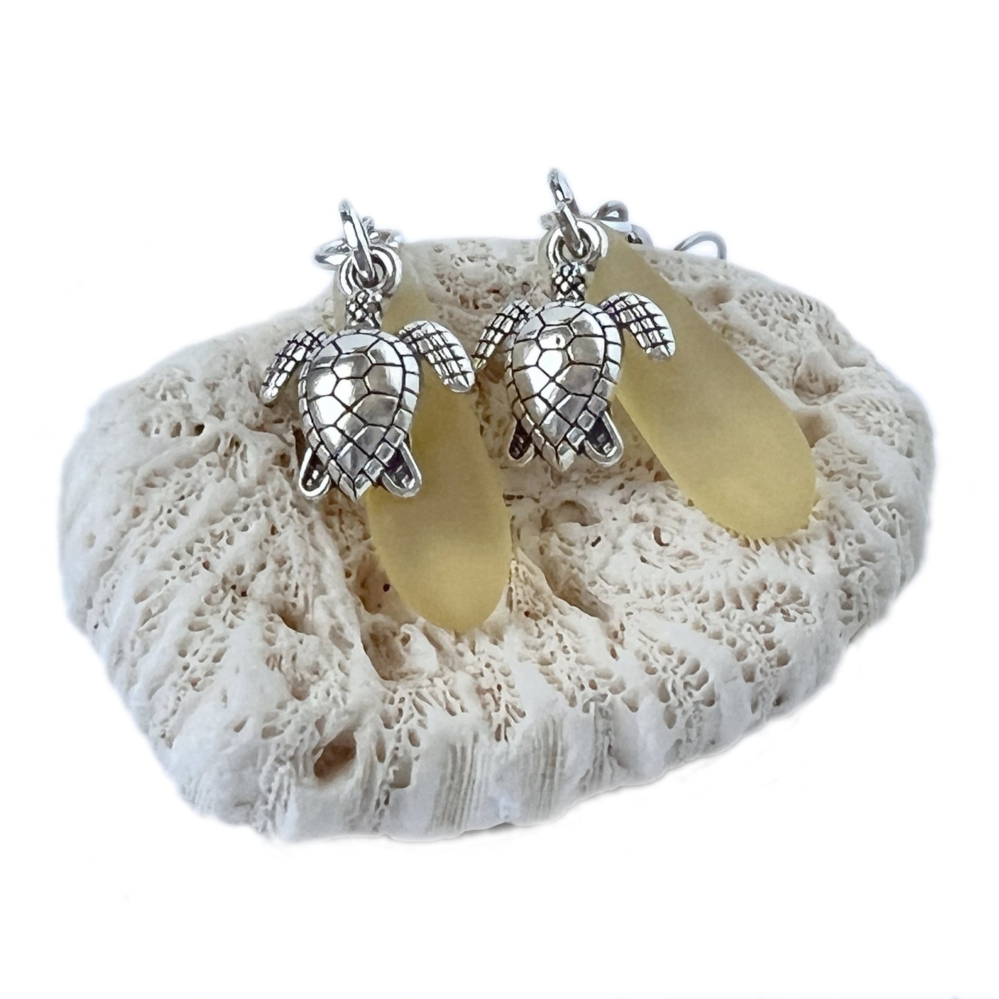 Sea Glass Turtle Dangle Earrings – Beach Wedding Jewelry in Yellow or Blue, Coastal Gift