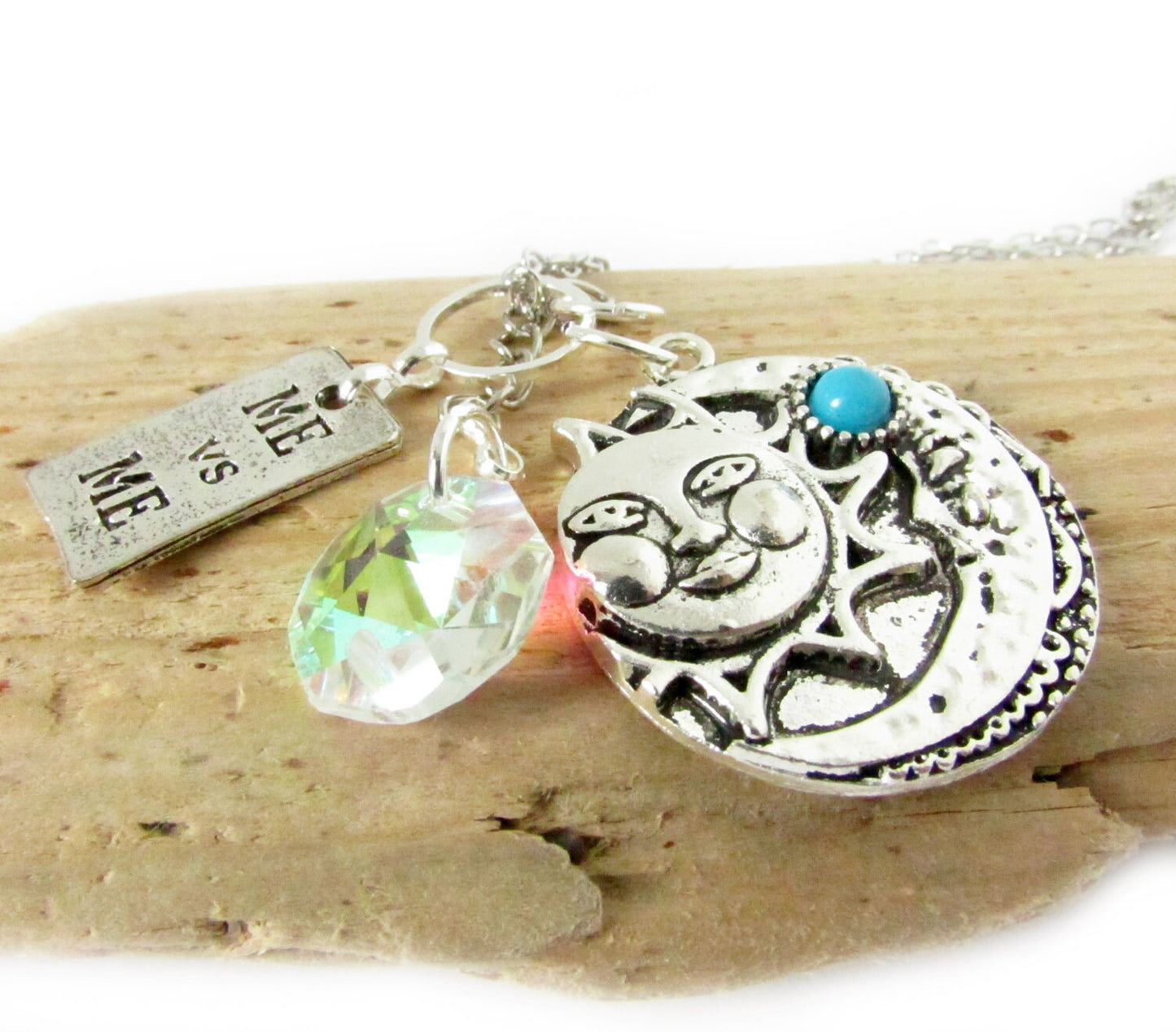 Celestial Car Charm – Sun Moon Rear View Mirror Charm with Crystal & Turquoise, Handmade Gift