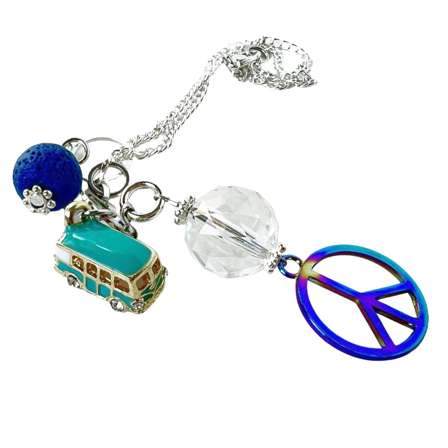 Peace Sign Car Charm – Boho Rear View Mirror Diffuser with Lava Bead & Retro Bus Charm