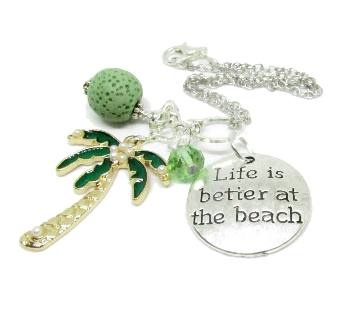 Palm Tree Car Charm – Rhinestone Pendant & Green Lava Bead Diffuser, Tropical Beach Gift