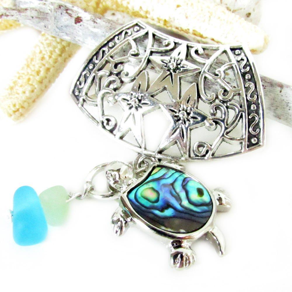 Sea Glass Turtle Scarf Slide – Abalone Shell & Sea Glass Chip Coastal Scarf Jewelry Gift
