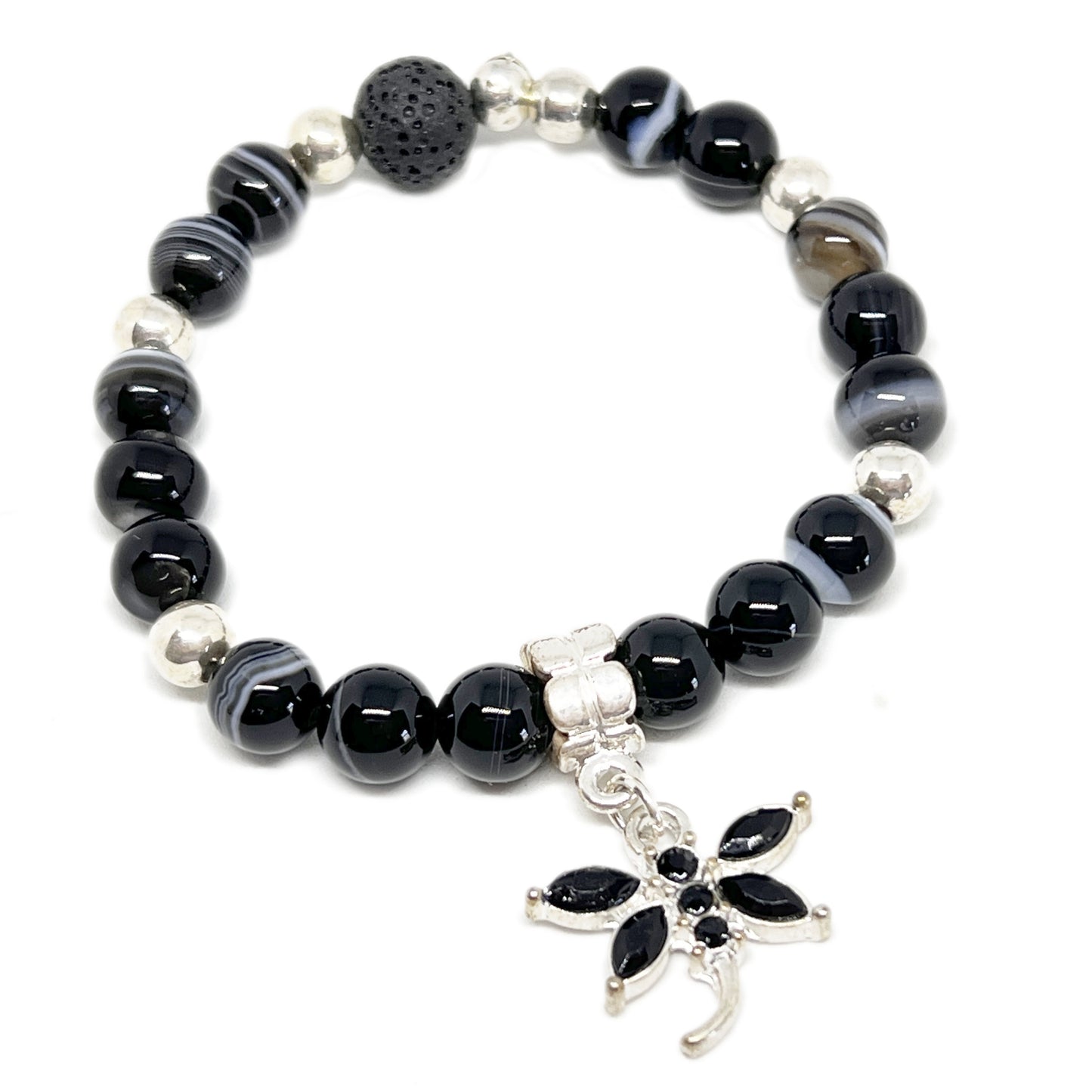 Dragonfly Charm Bracelet – Botswana Agate & Lava Stone Aromatherapy, Handmade Boho Jewelry