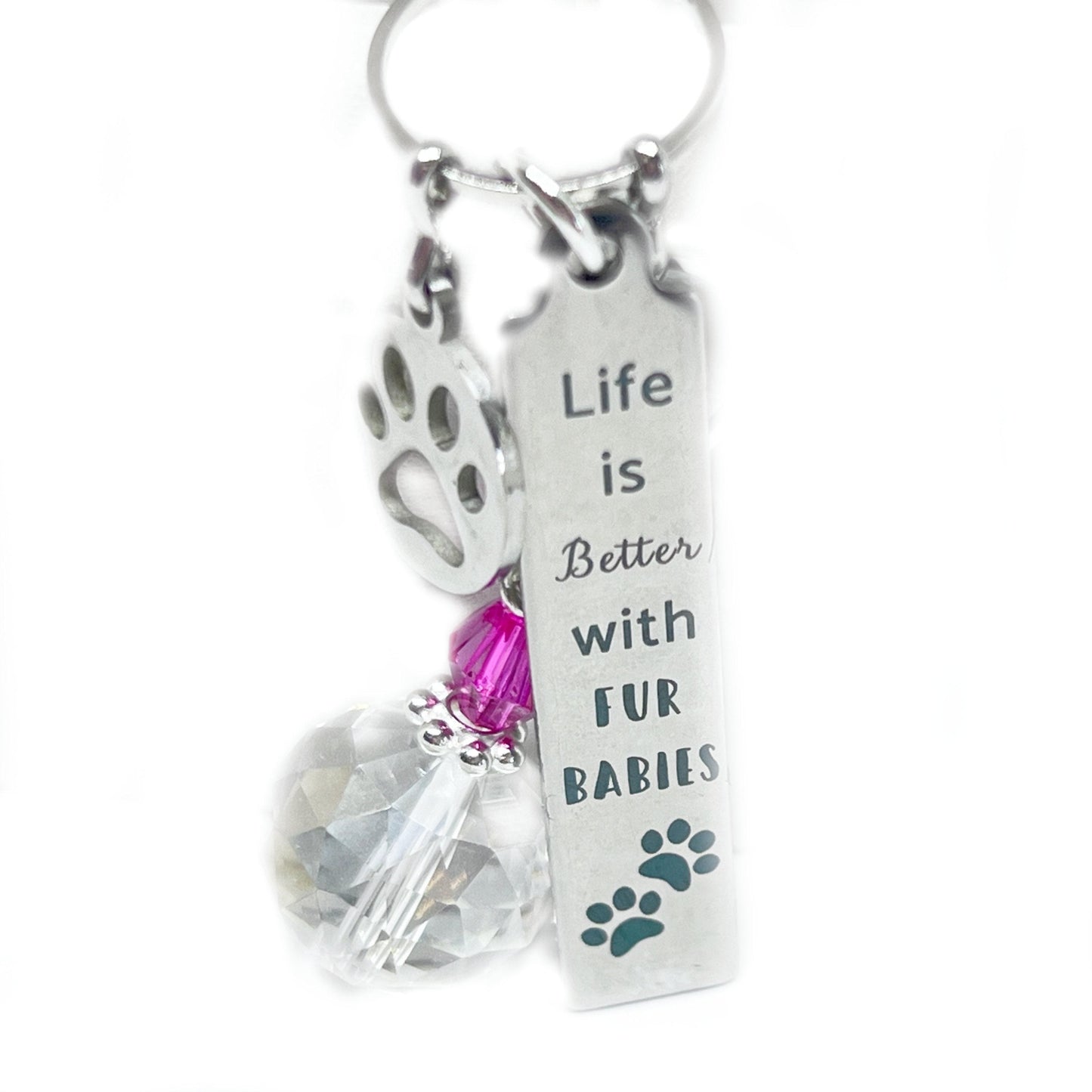 Crystal and paw charm car dangle with Life is better with fur babies quote, available in pink or clear crystal