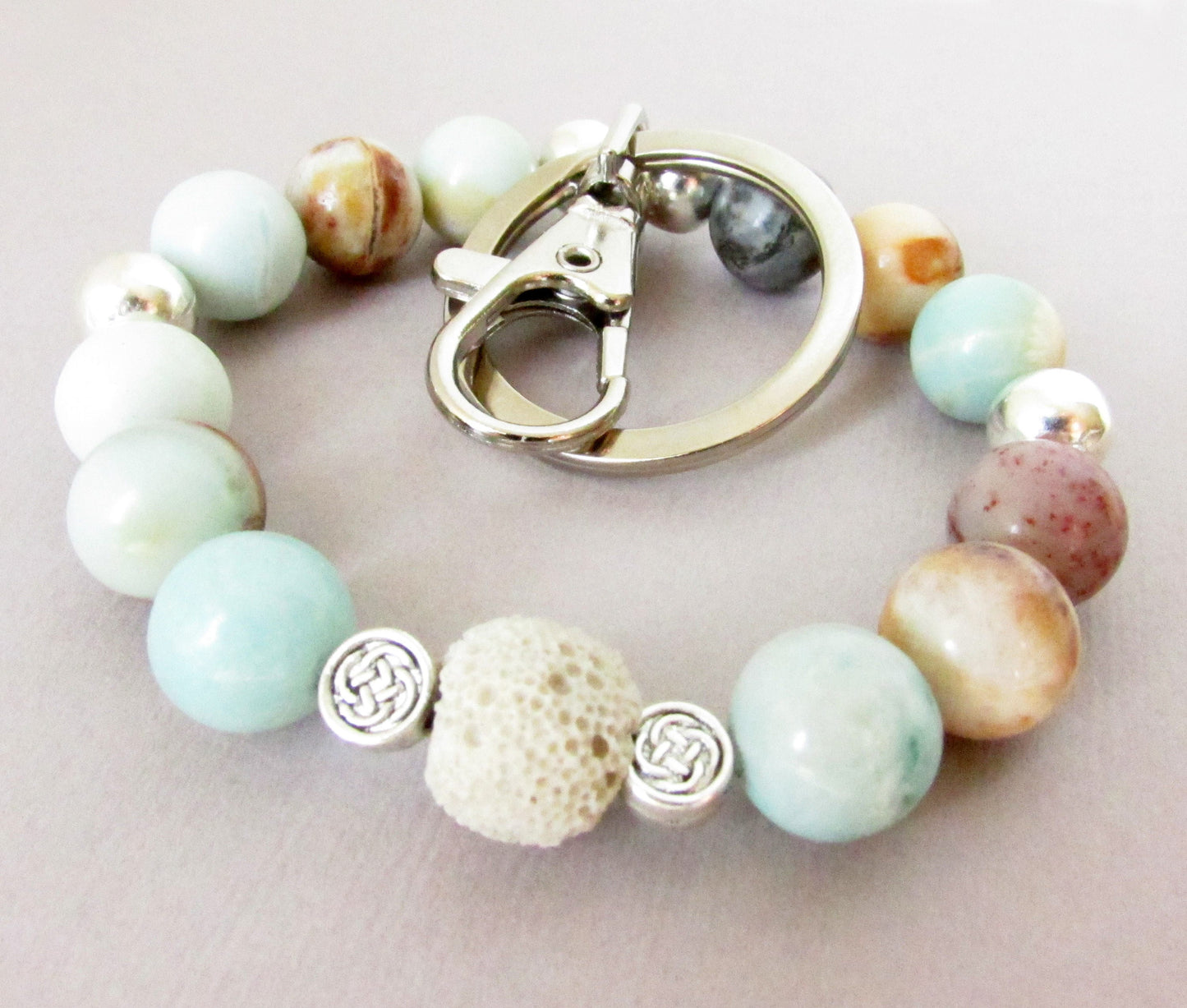 Amazonite Bracelet Keychain – Essential Oil Diffuser Wristlet Lanyard, Coastal Beach Gift